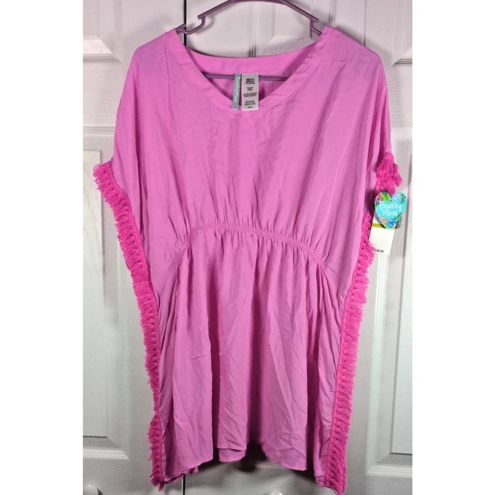 Breaking Waves Girls 14 Pink Kimono Kaftan Swim Beach Cover Up Fringe Rayon NWT